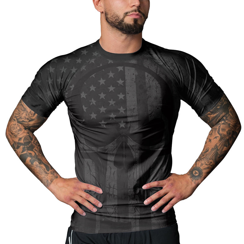 Rashninja Patriotic Skull Flag Men's Short Sleeve Rash Guard