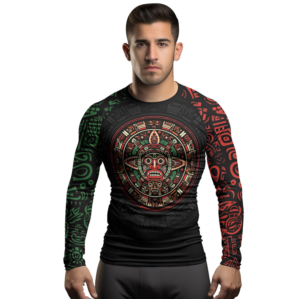Rashninja Aztec Red & Green Sun Stone Men's Long Sleeve Rash Guard