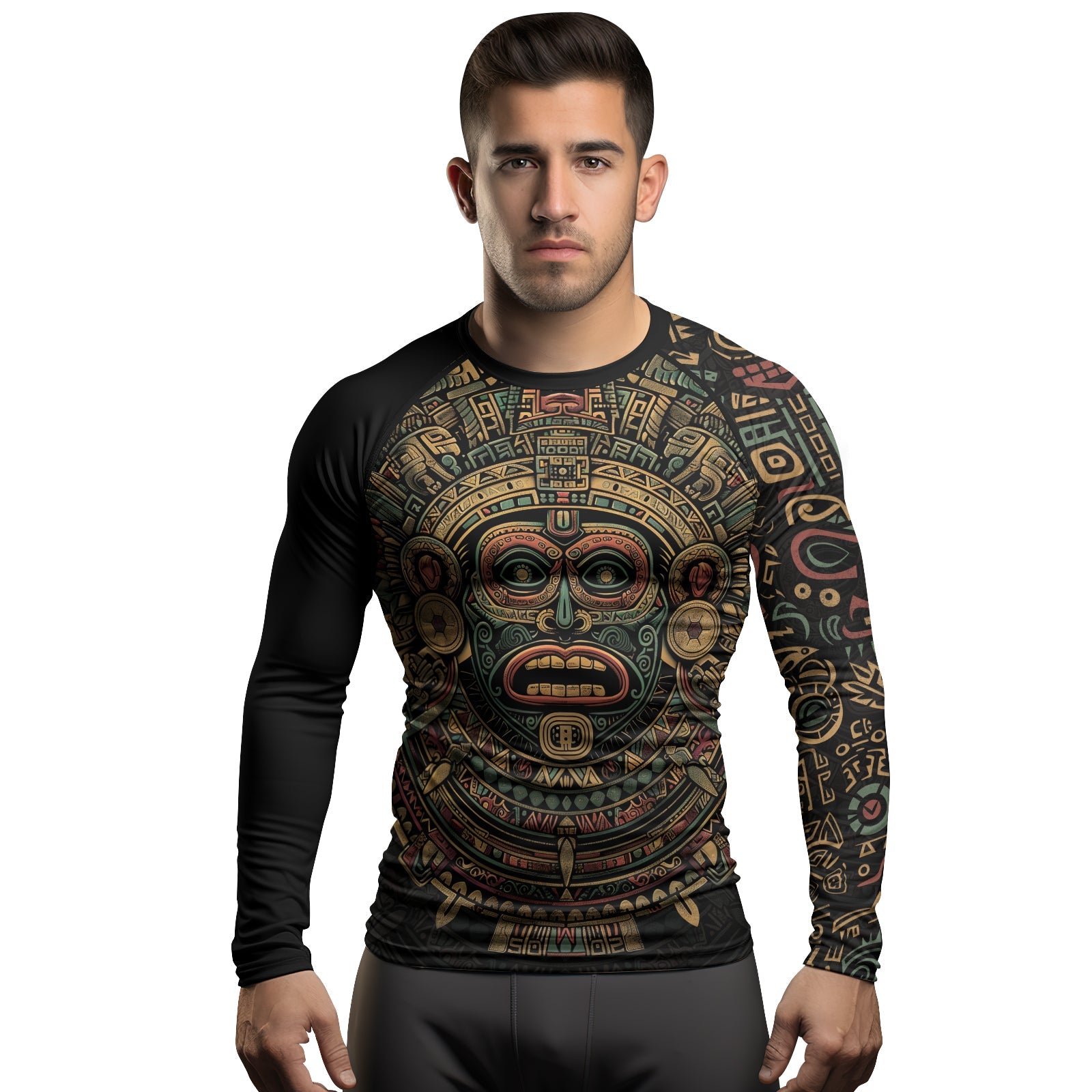 Rashninja Aztec Sun God Mask Men's Long Sleeve Rash Guard