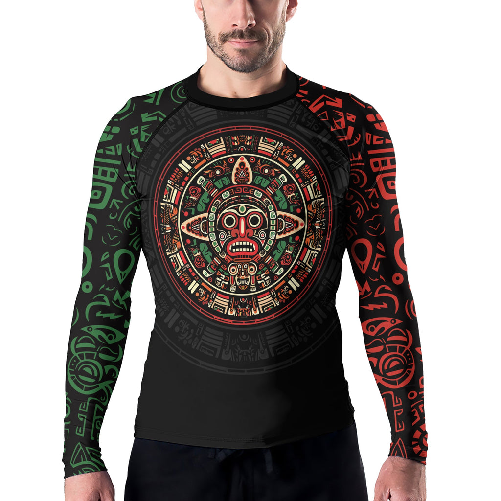 Rashninja Aztec Red & Green Sun Stone Men's Long Sleeve Rash Guard