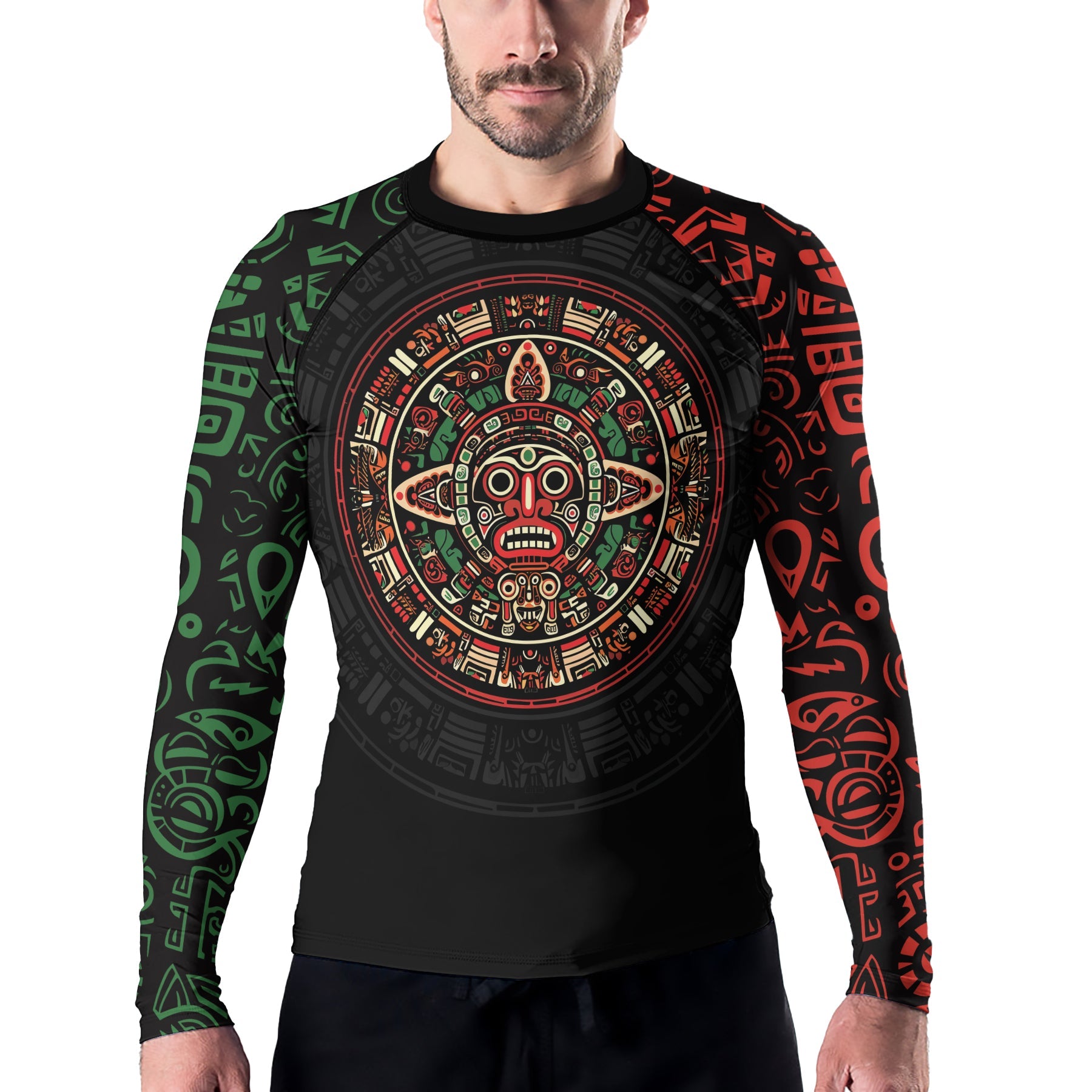 Rashninja Aztec Red & Green Sun Stone Men's Long Sleeve Rash Guard