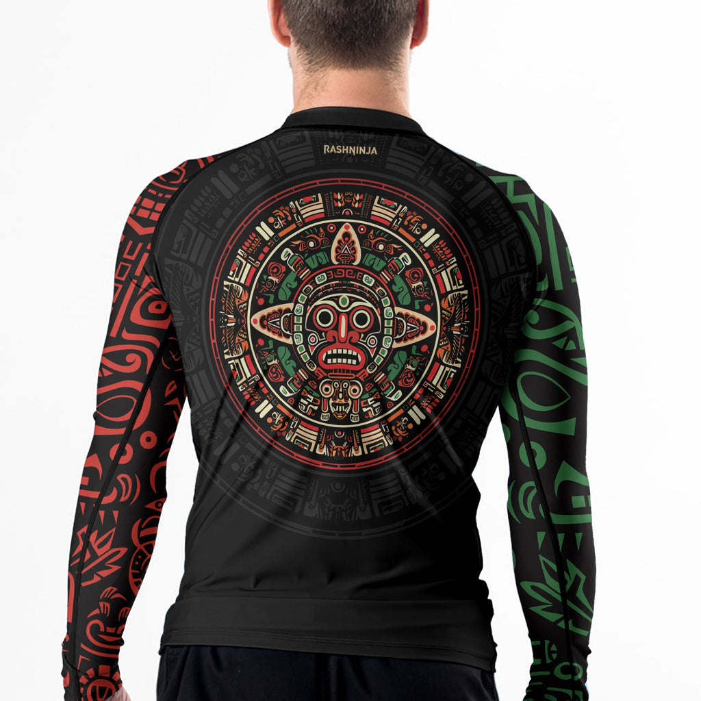 Rashninja Aztec Red & Green Sun Stone Men's Long Sleeve Rash Guard