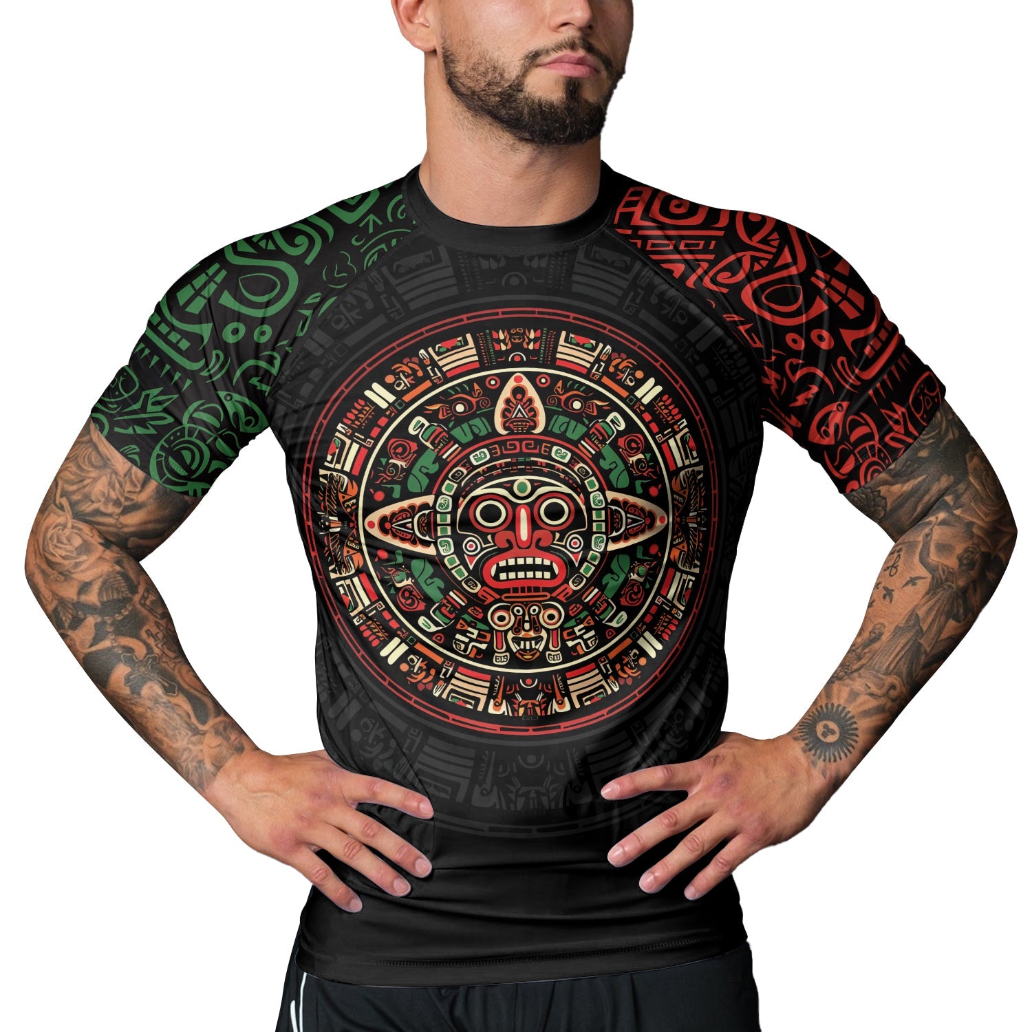 Rashninja Aztec Red & Green Sun Stone Men's Short Sleeve Rash Guard