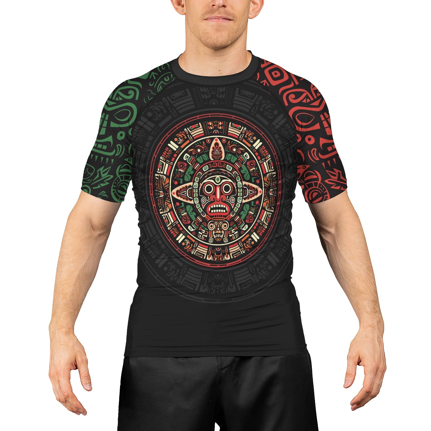 Rashninja Aztec Red & Green Sun Stone Men's Short Sleeve Rash Guard