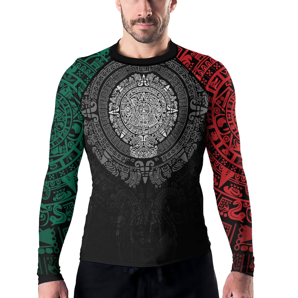 Rashninja Green And Red Aztec Calendar Men's Long Sleeve Rash Guard