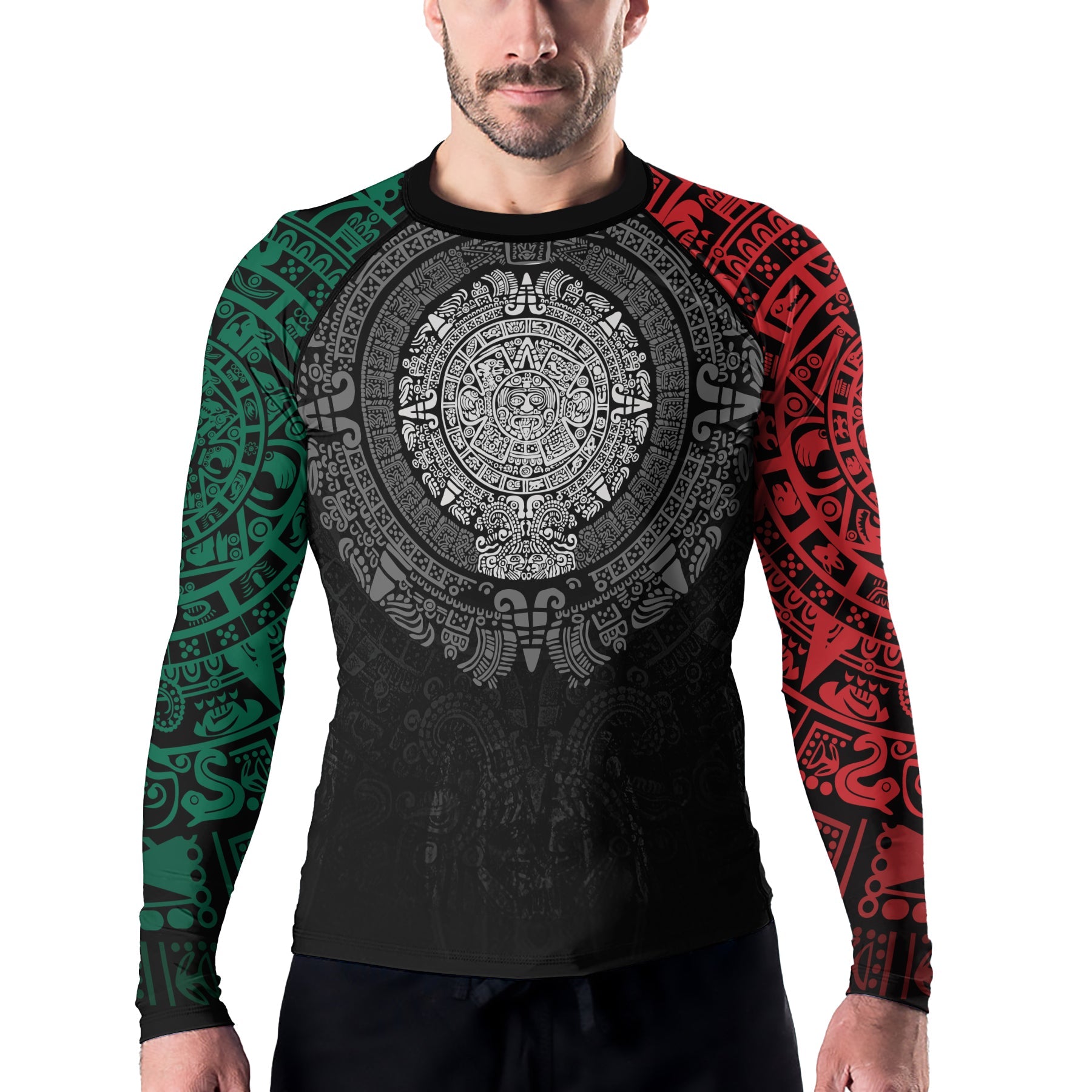 Rashninja Green And Red Aztec Calendar Men's Long Sleeve Rash Guard