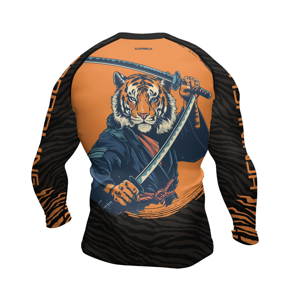 Rashninja Tiger Samurai Black Orange Men's Long Sleeve Rash Guard