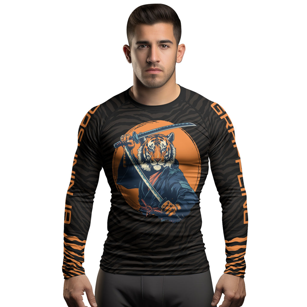 Rashninja Tiger Samurai Black Orange Men's Long Sleeve Rash Guard