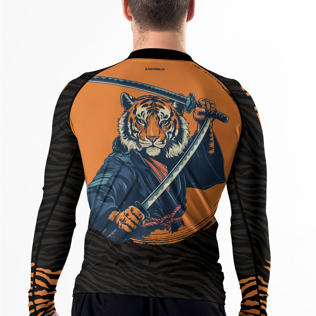 Rashninja Tiger Samurai Black Orange Men's Long Sleeve Rash Guard