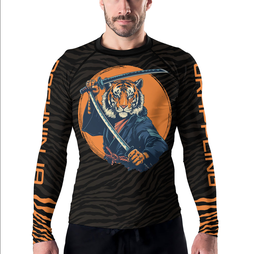 Rashninja Tiger Samurai Black Orange Men's Long Sleeve Rash Guard