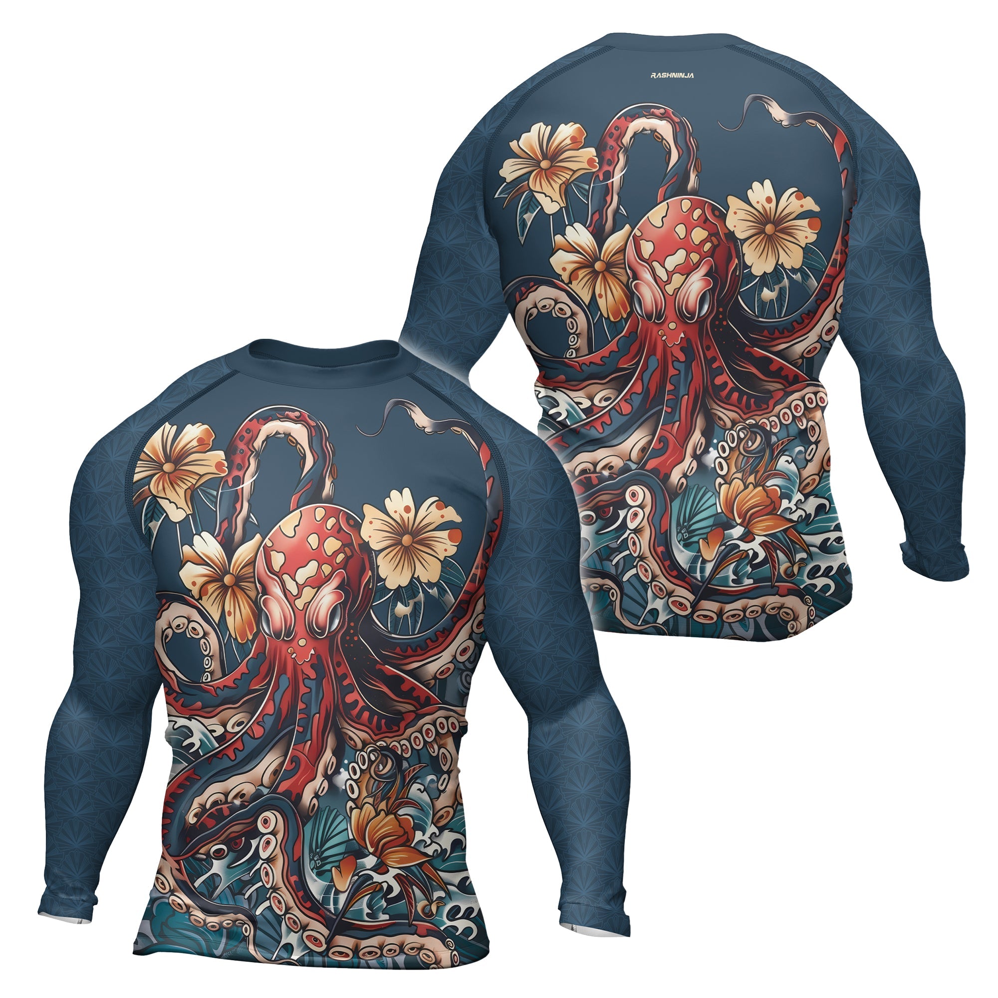 Rashninja Octopus Floral Blue Men's Long Sleeve Rash Guard