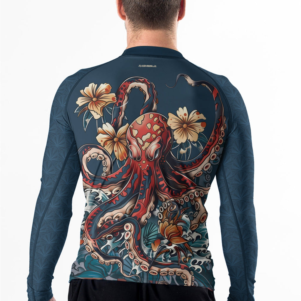 Rashninja Octopus Floral Blue Men's Long Sleeve Rash Guard