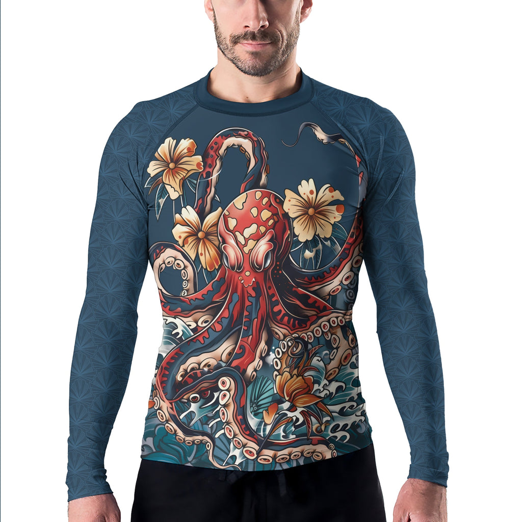 Rashninja Octopus Floral Blue Men's Long Sleeve Rash Guard
