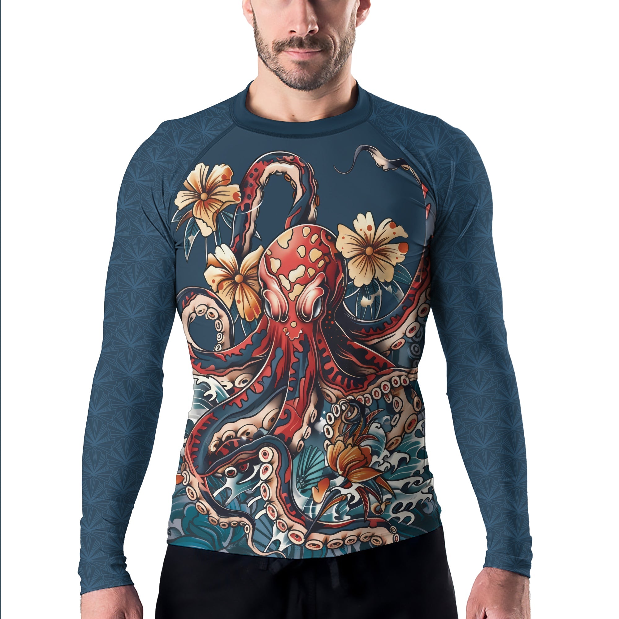 Rashninja Octopus Floral Blue Men's Long Sleeve Rash Guard