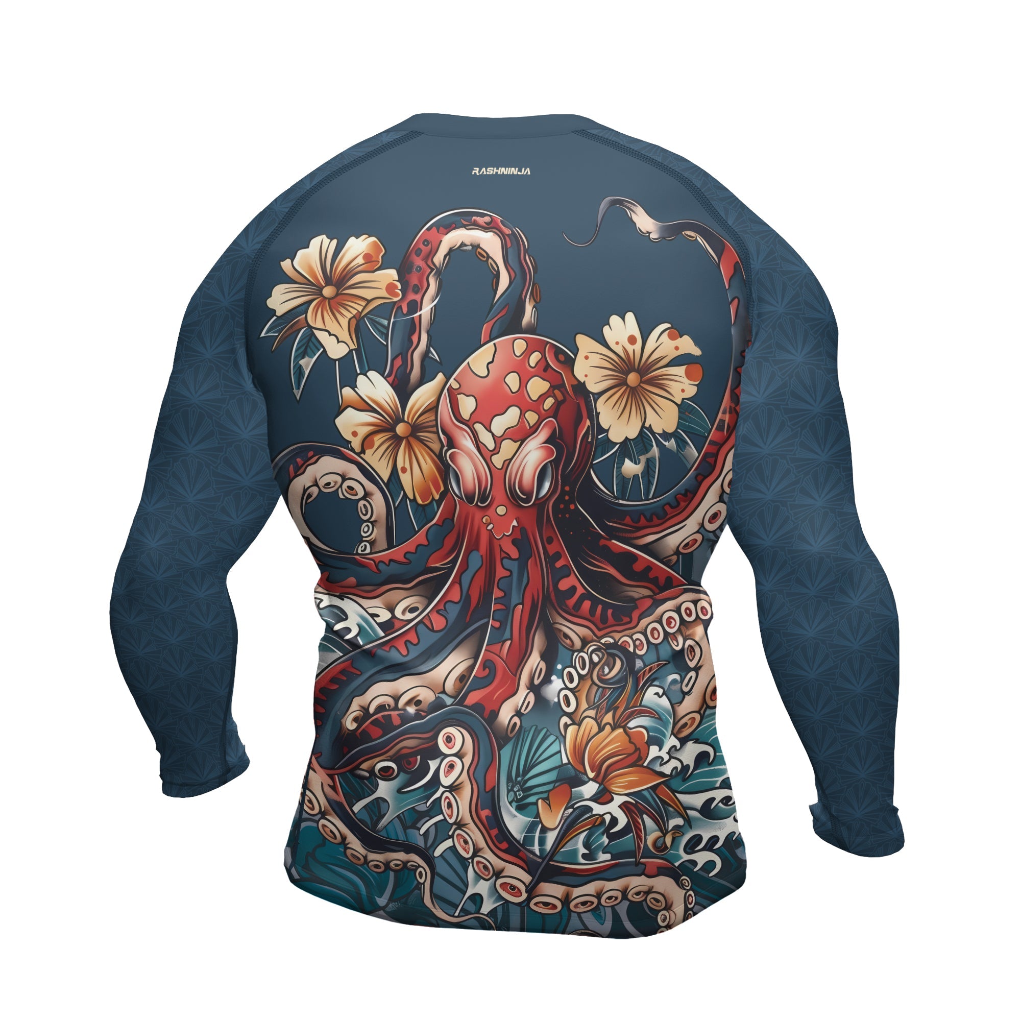 Rashninja Octopus Floral Blue Men's Long Sleeve Rash Guard