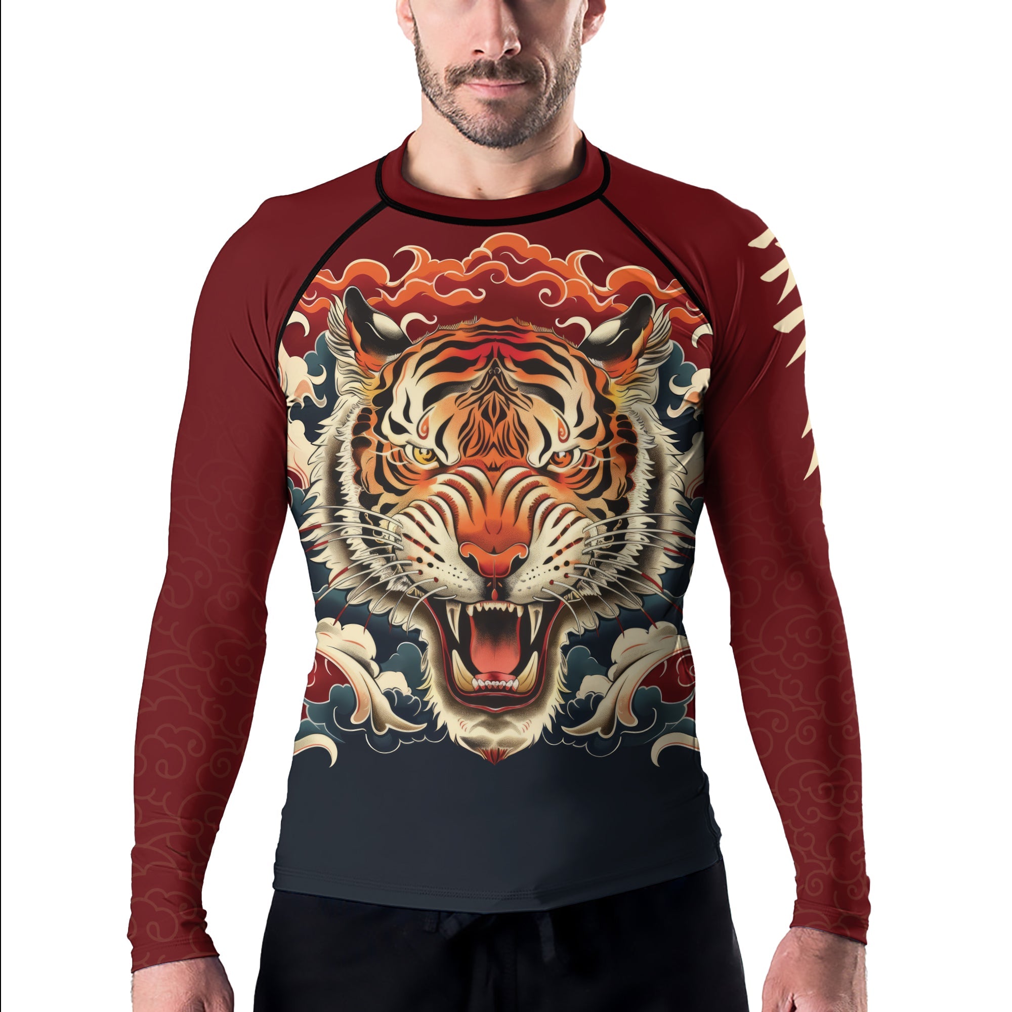 Rashninja Tiger Cloud Black Red Men's Long Sleeve Rash Guard