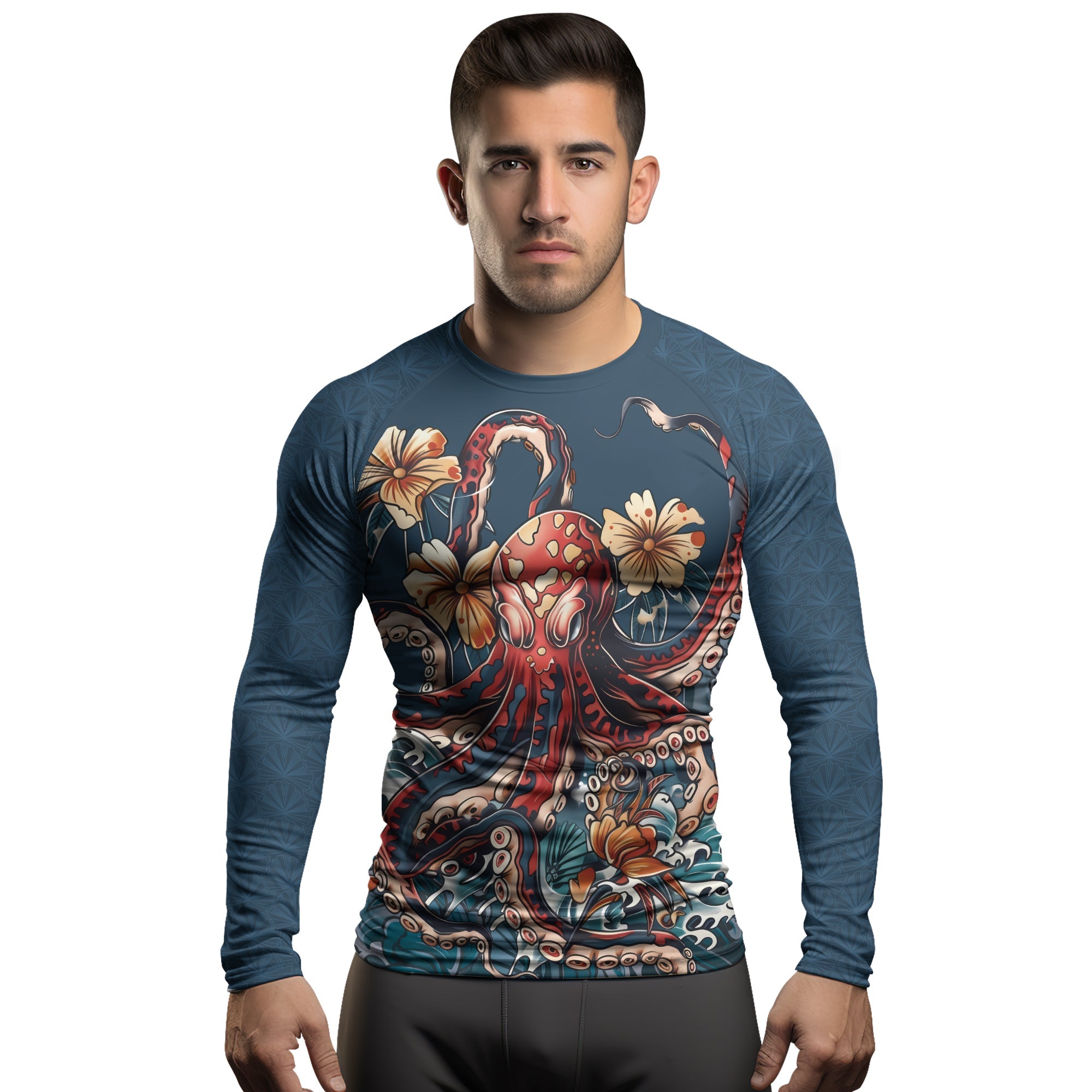 Rashninja Octopus Floral Blue Men's Long Sleeve Rash Guard
