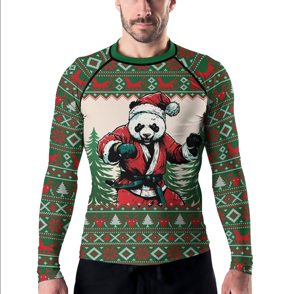 Rashninja Green Christmas Panda Kung Fu Men's Long Sleeve Rash Guard