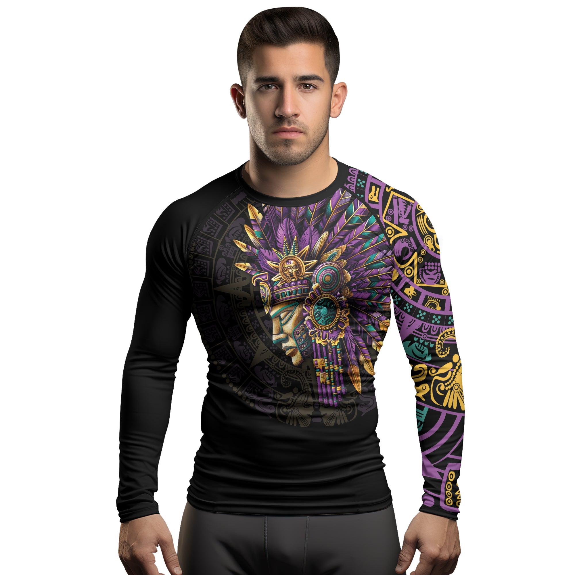 Rashninja Aztec Purple Tribe Headman Men's Long Sleeve Rash Guard