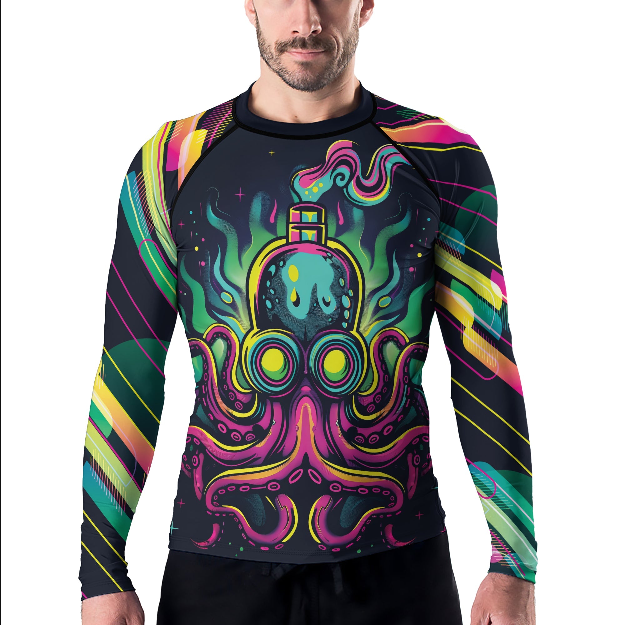 Rashninja Octopus Green Purple Men's Long Sleeve Rash Guard