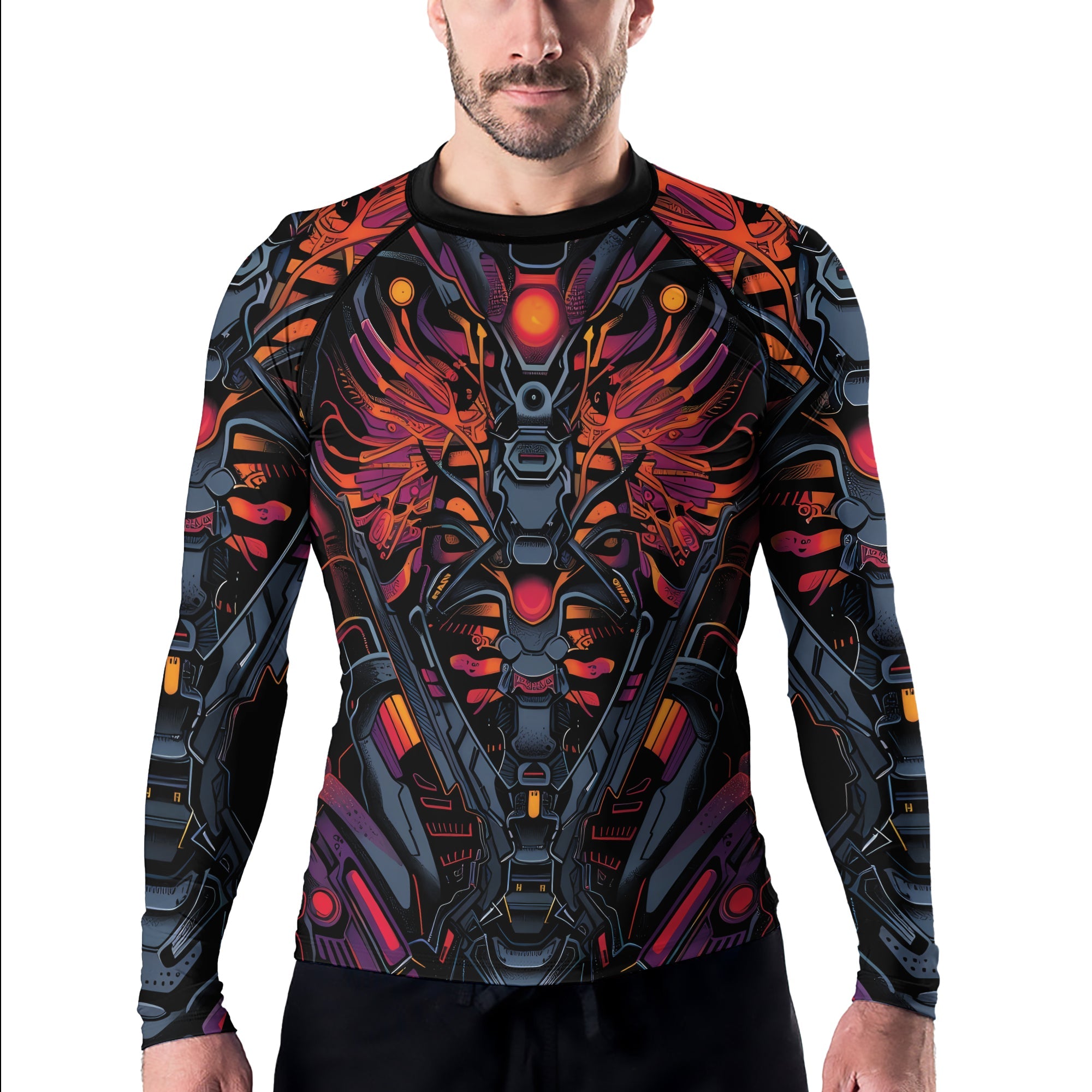 Rashninja Cyber Biomechanic Orange Pink Men's Long Sleeve Rash Guard