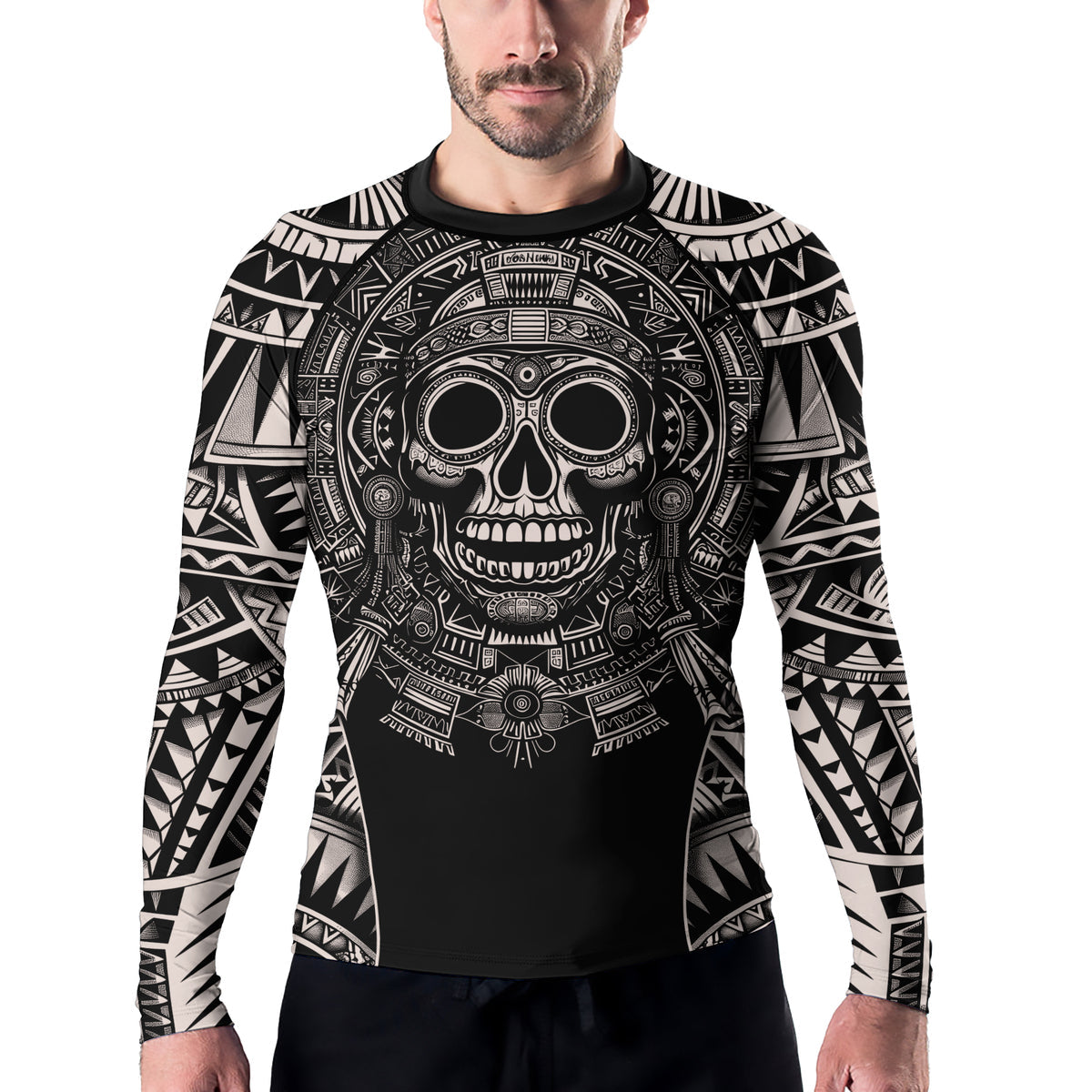 Rashninja Aztec Tribe Warrior Cranium Men's Long Sleeve Rash Guard