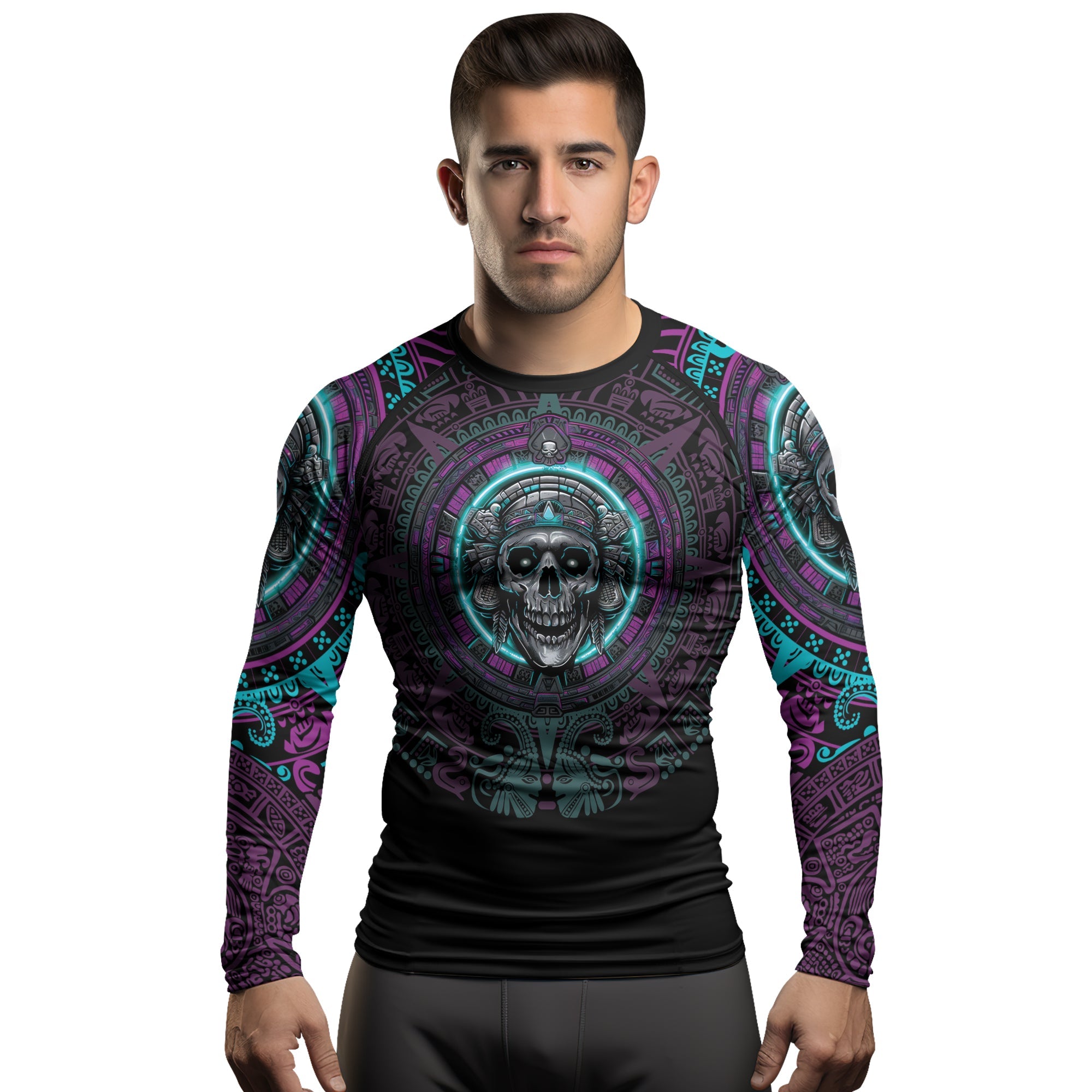 Rashninja Aztec Sun Stone Skull Men's Long Sleeve Rash Guard