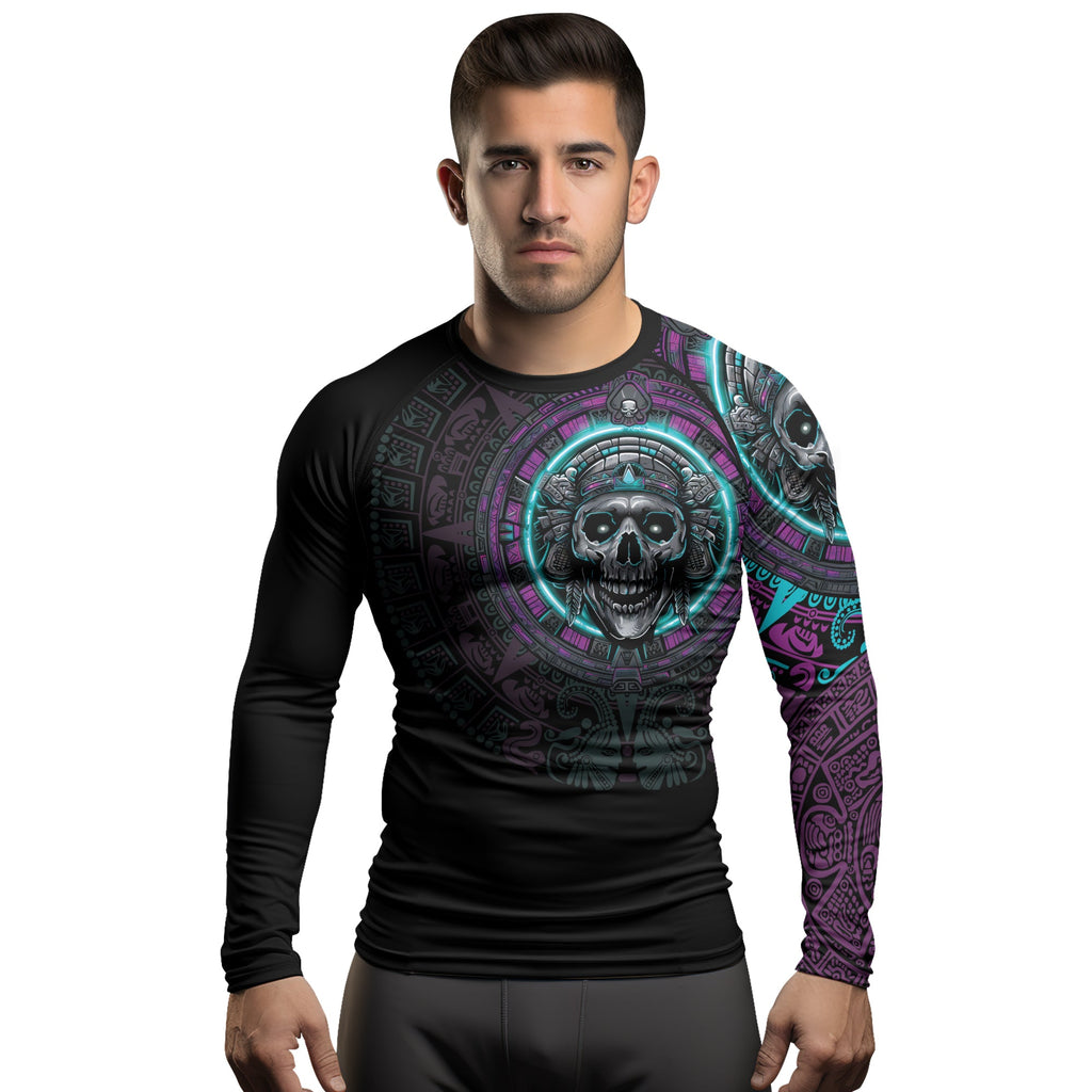Rashninja Aztec Sun Stone Skull Men's Long Sleeve Rash Guard
