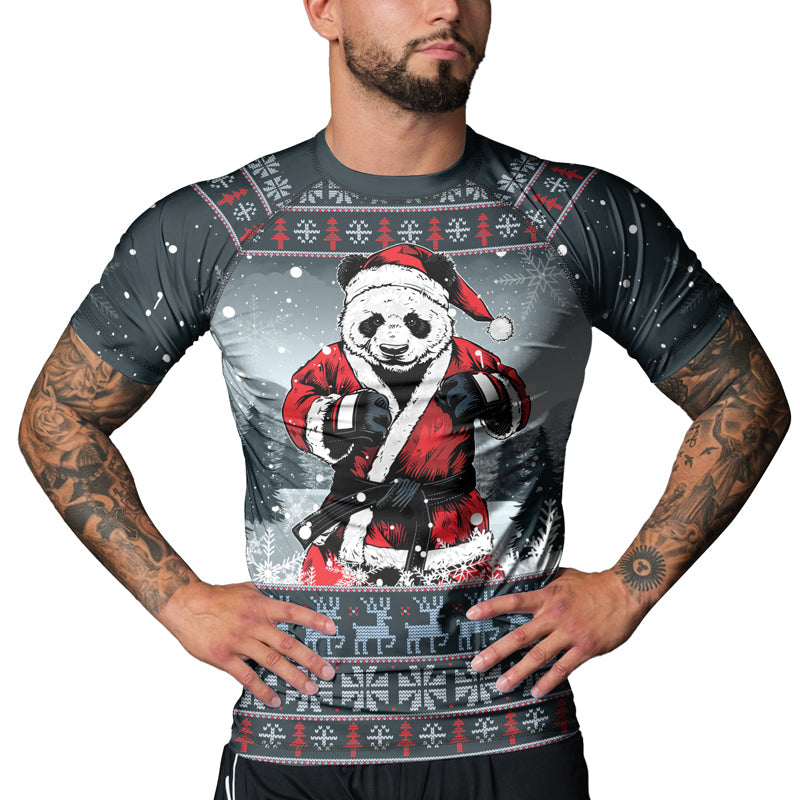 Rashninja Grey Kung Fu Christmas Panda Men's Short Sleeve Rash Guard
