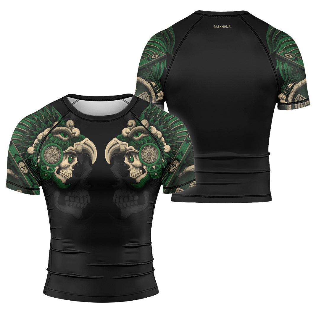Rashninja Aztec Eagle Warrior Skull Men's Short Sleeve Rash Guard