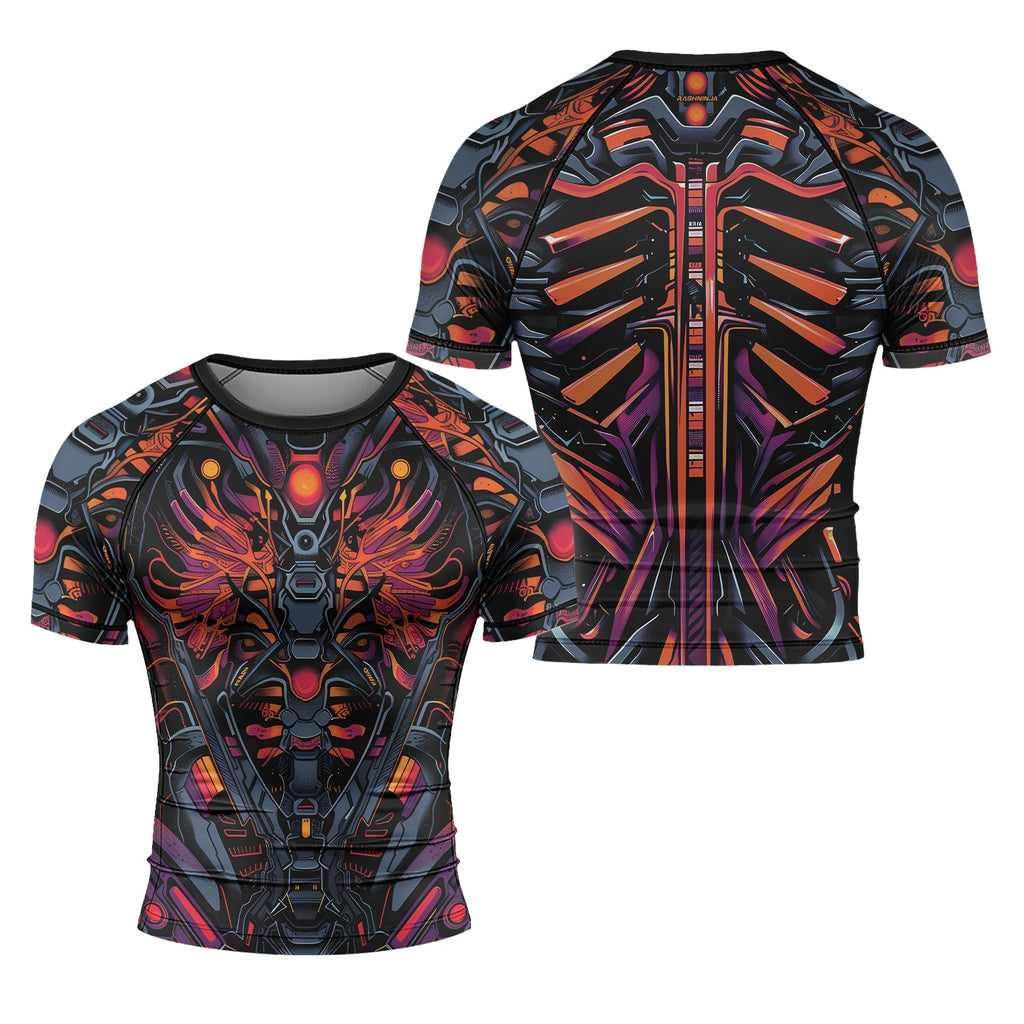 Rashninja Cyber Biomechanic Orange Pink Men's Short Sleeve Rash Guard