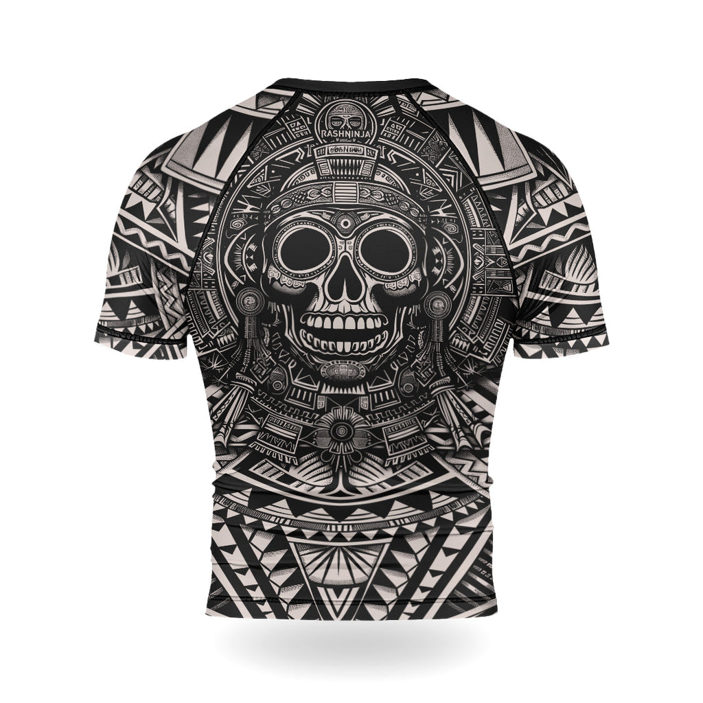 Rashninja Aztec Tribe Warrior Cranium Men's Short Sleeve Rash Guard