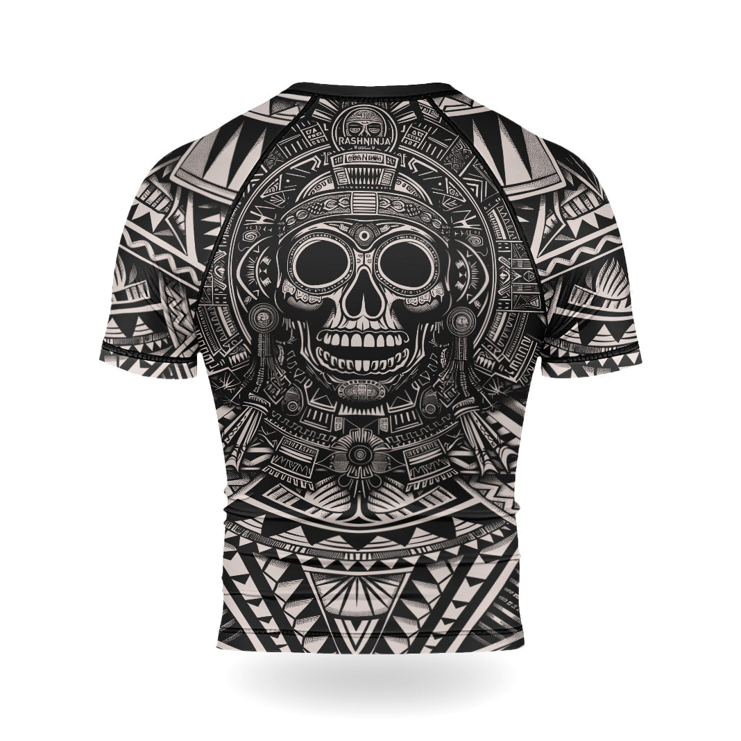 Rashninja Aztec Tribe Warrior Cranium Men's Short Sleeve Rash Guard