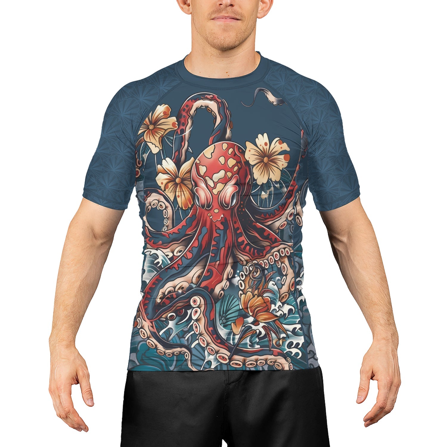 Rashninja Octopus Floral Blue Men's Short Sleeve Rash Guard