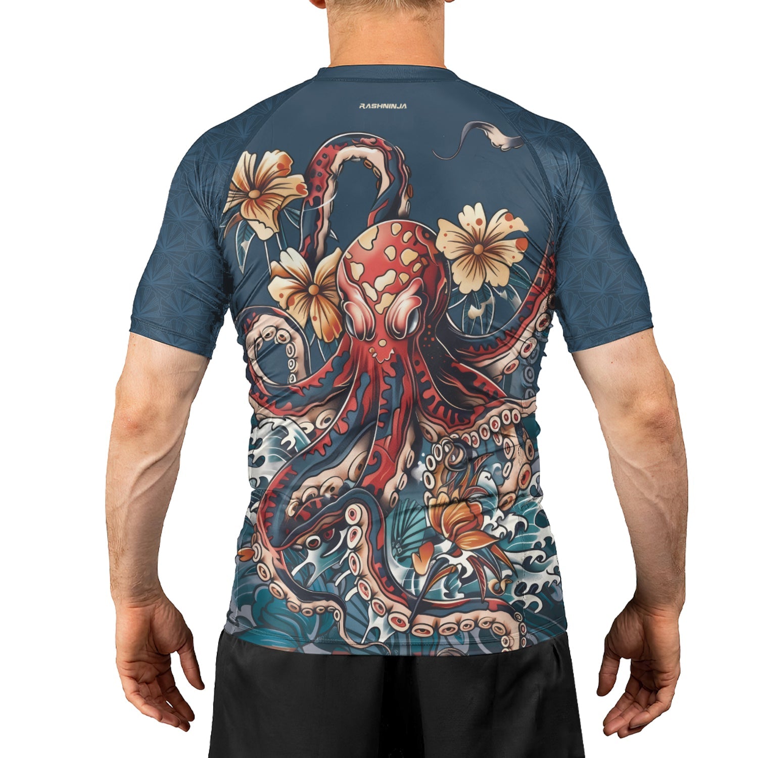 Rashninja Octopus Floral Blue Men's Short Sleeve Rash Guard