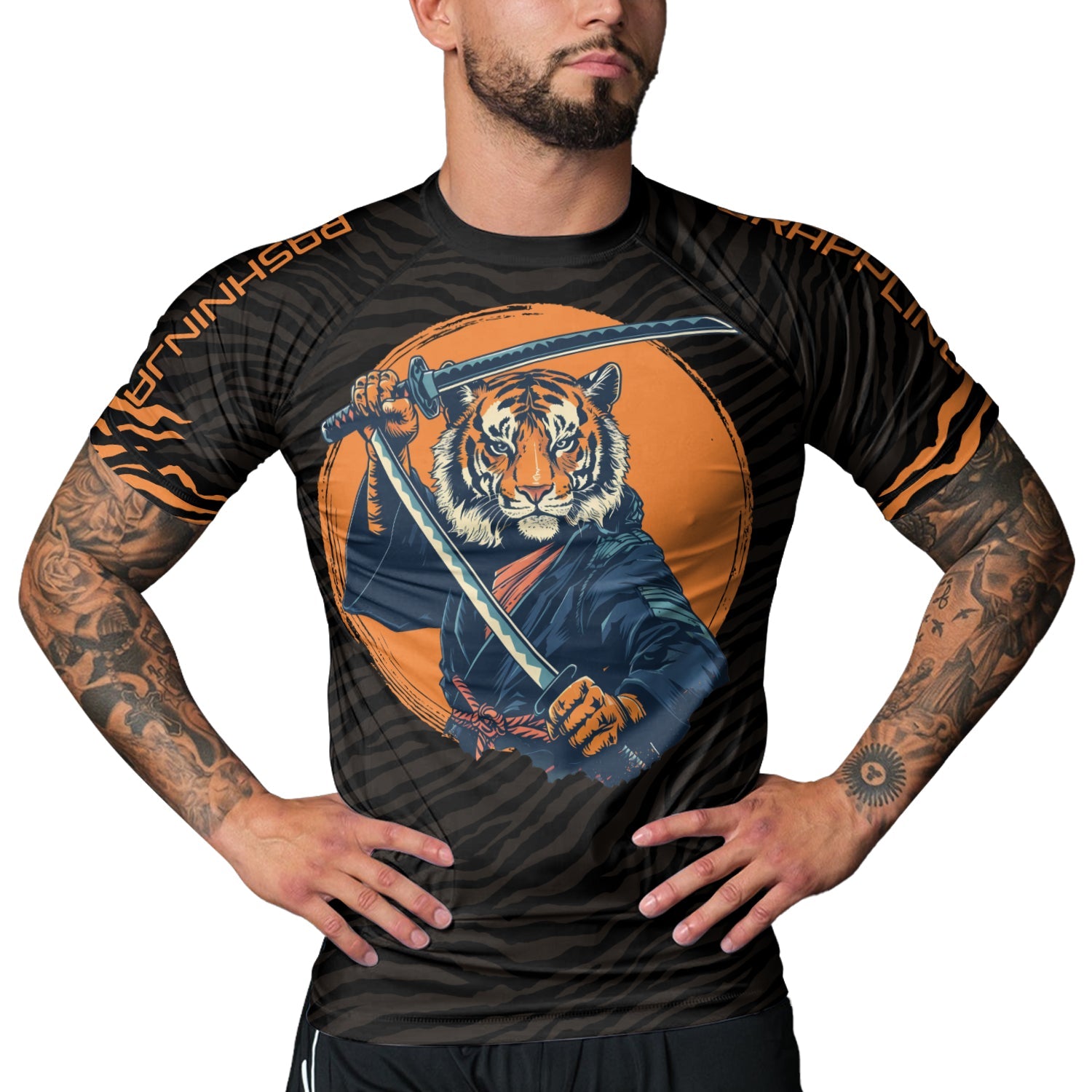 Rashninja Tiger Samurai Black Orange Men's Short Sleeve Rash Guard