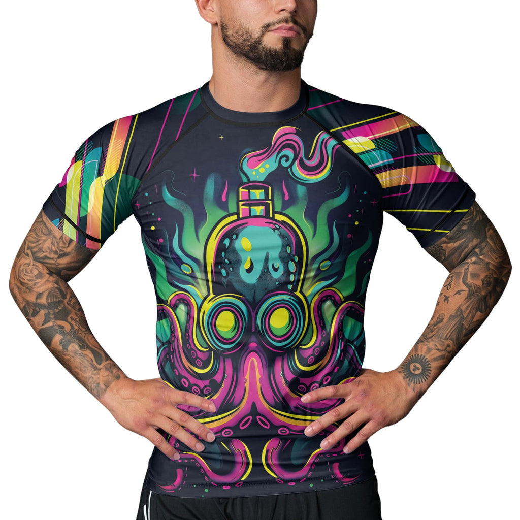Rashninja Octopus Green Purple Men's Short Sleeve Rash Guard