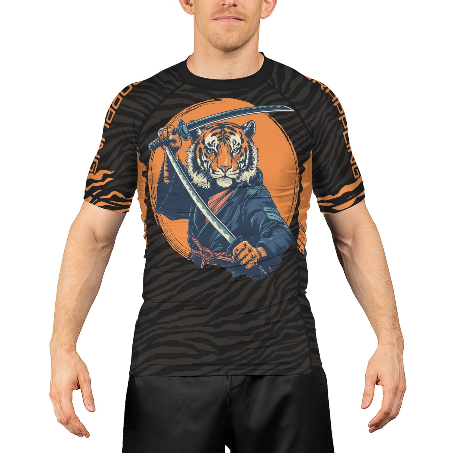 Rashninja Tiger Samurai Black Orange Men's Short Sleeve Rash Guard