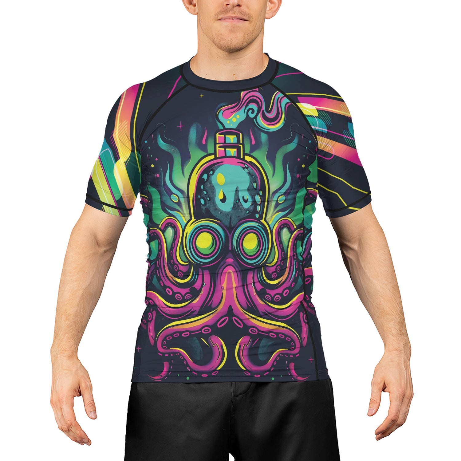 Rashninja Octopus Green Purple Men's Short Sleeve Rash Guard