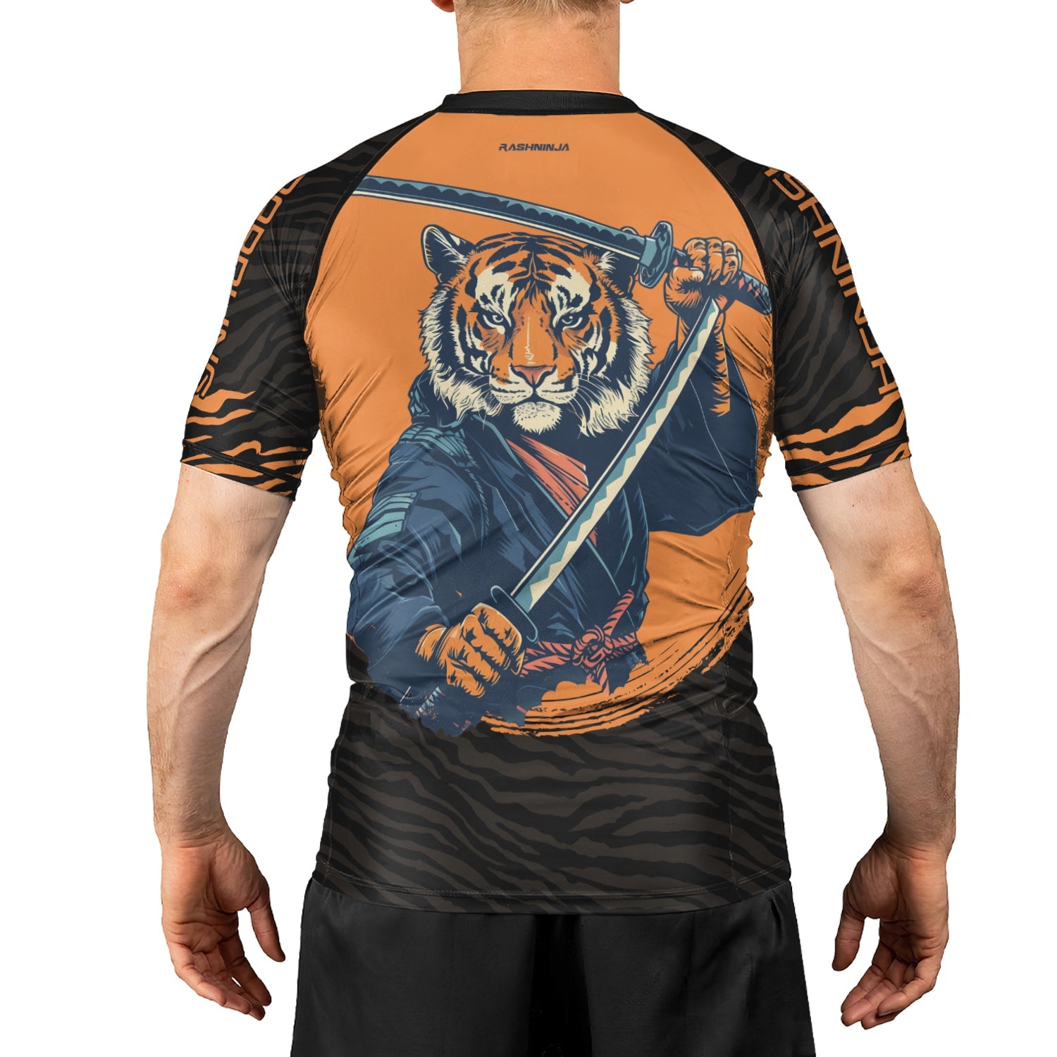 Rashninja Tiger Samurai Black Orange Men's Short Sleeve Rash Guard