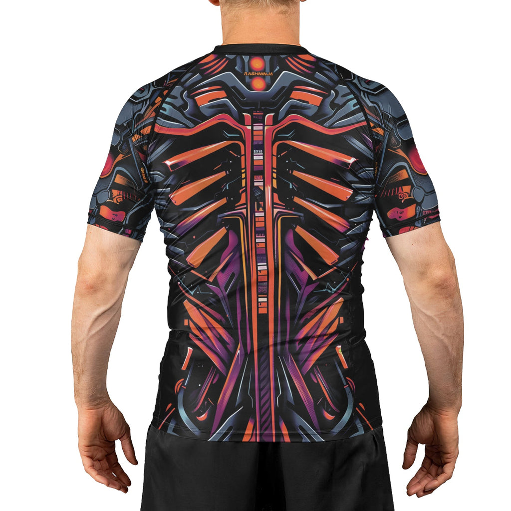 Rashninja Cyber Biomechanic Orange Pink Men's Short Sleeve Rash Guard