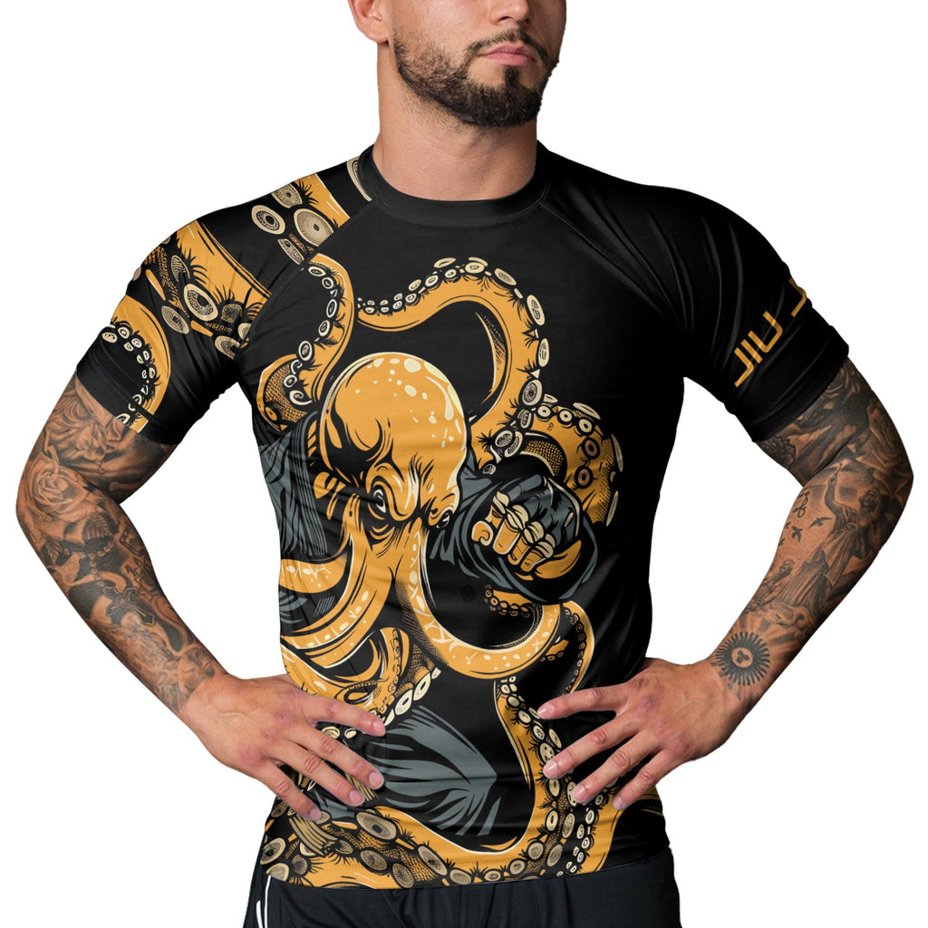 Rashninja Octopus Yellow Men's Short Sleeve Rash Guard