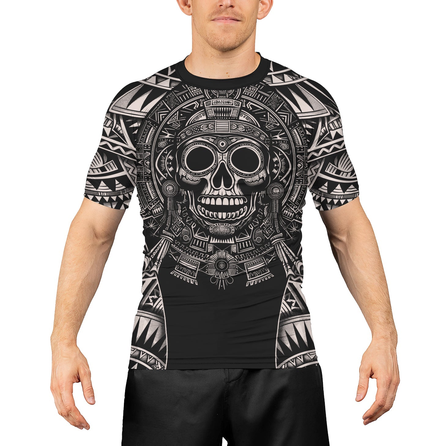 Rashninja Aztec Tribe Warrior Cranium Men's Short Sleeve Rash Guard