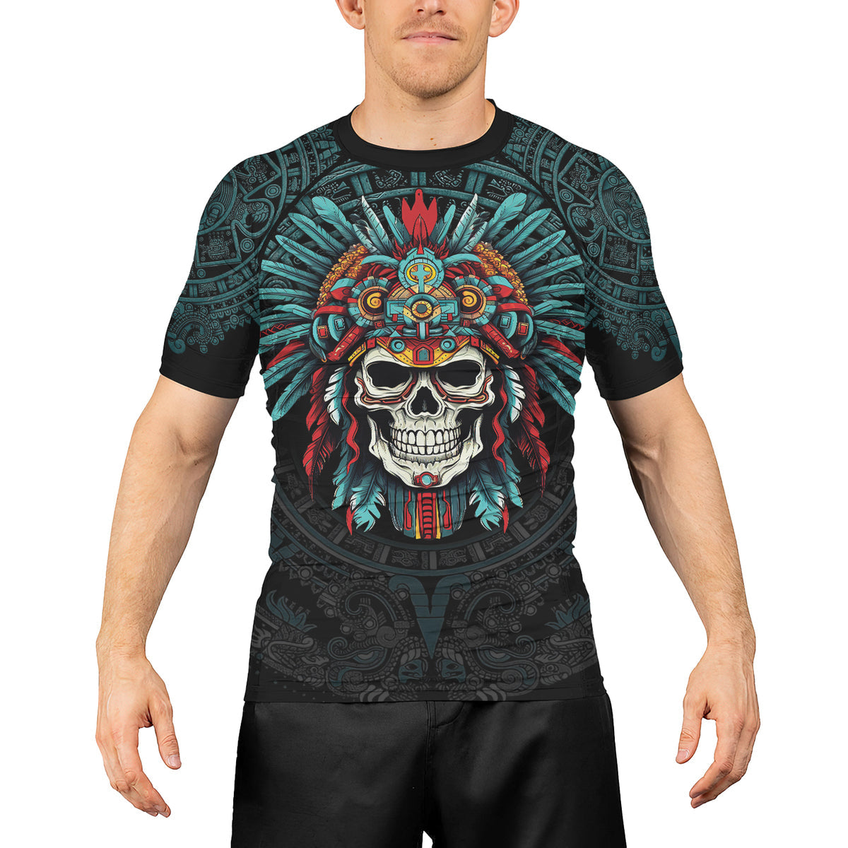 Rashninja Aztec Chief Cranium Men's Short Sleeve Rash Guard