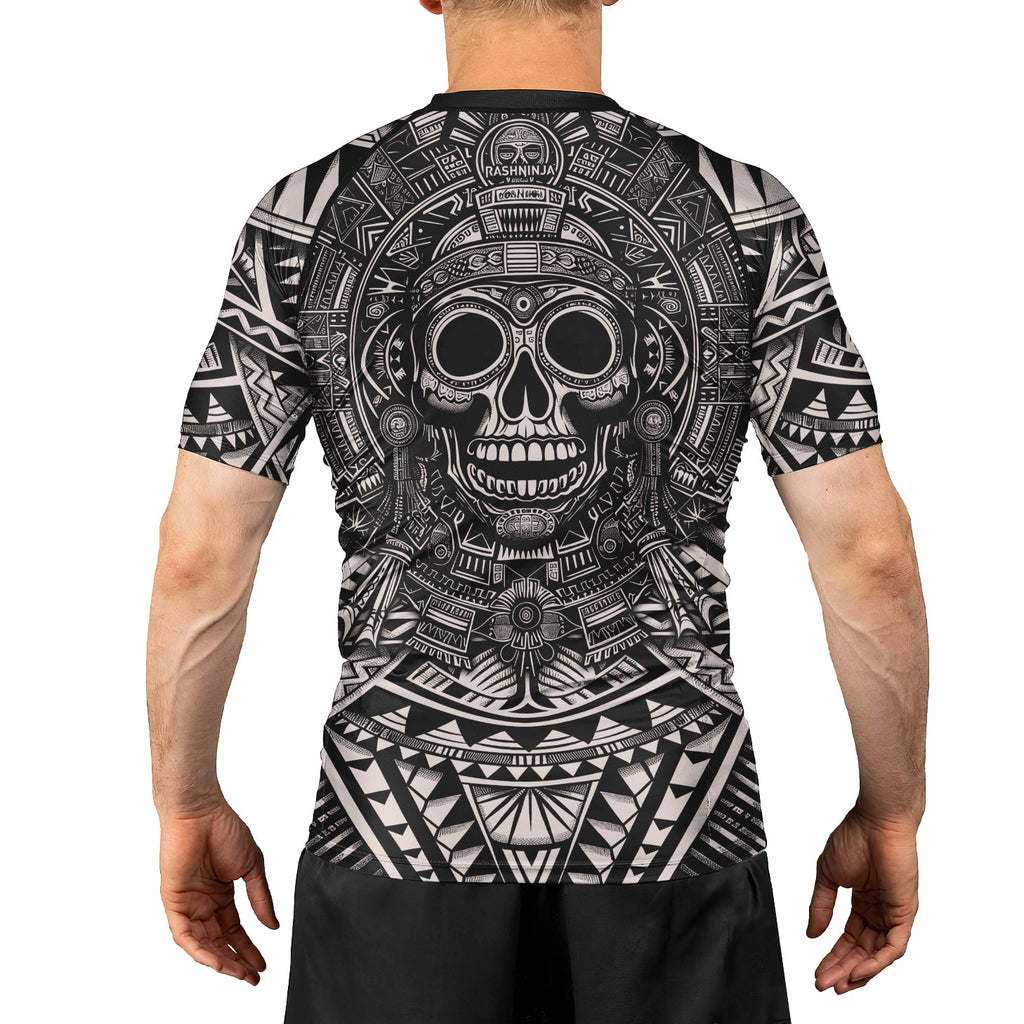 Rashninja Aztec Tribe Warrior Cranium Men's Short Sleeve Rash Guard