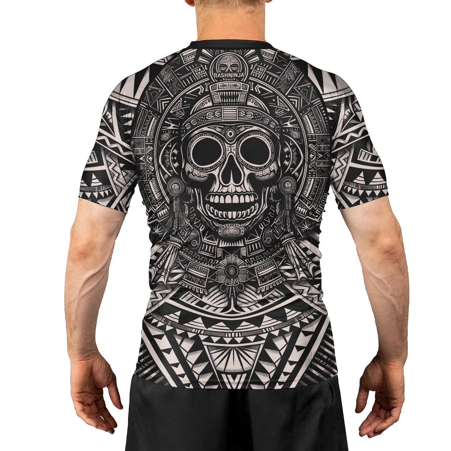 Rashninja Aztec Tribe Warrior Cranium Men's Short Sleeve Rash Guard