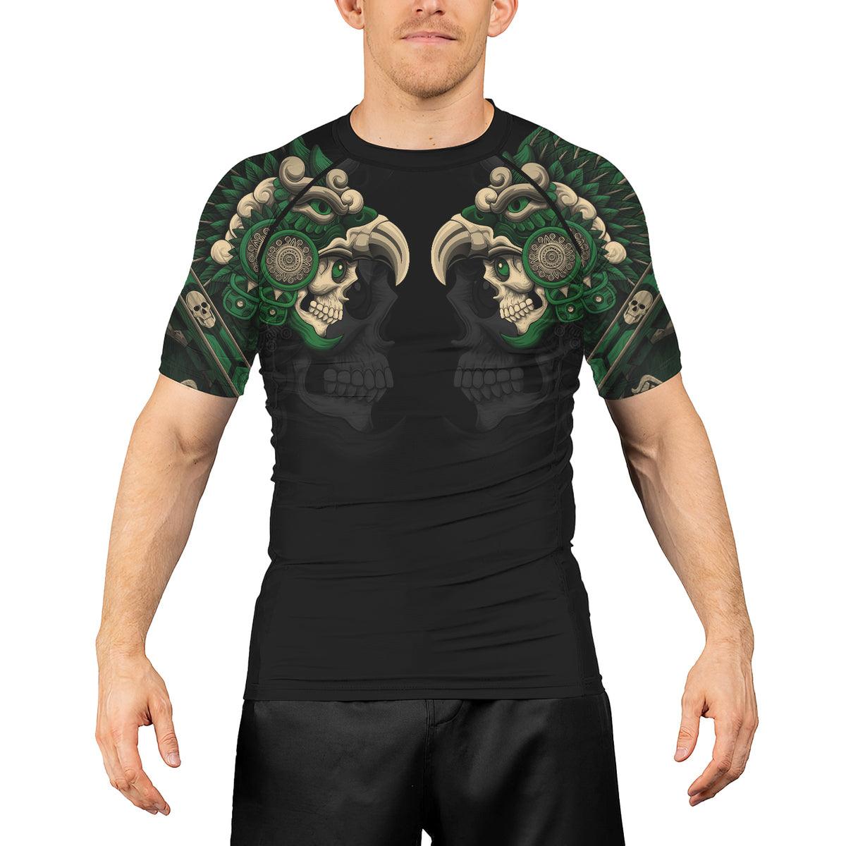Rashninja Aztec Eagle Warrior Skull Men's Short Sleeve Rash Guard