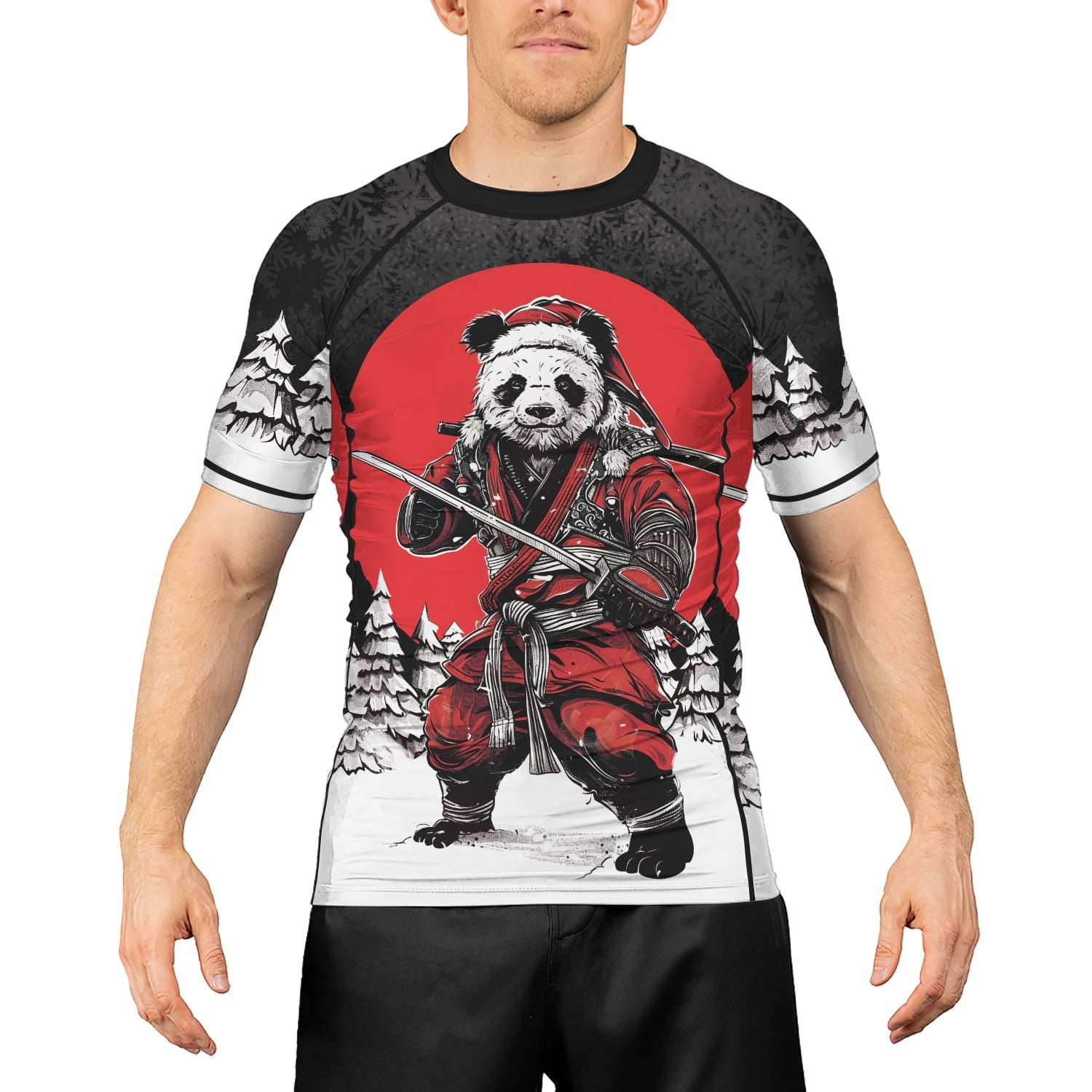Rashninja Black Samurai Christmas Panda Men's Short Sleeve Rash Guard