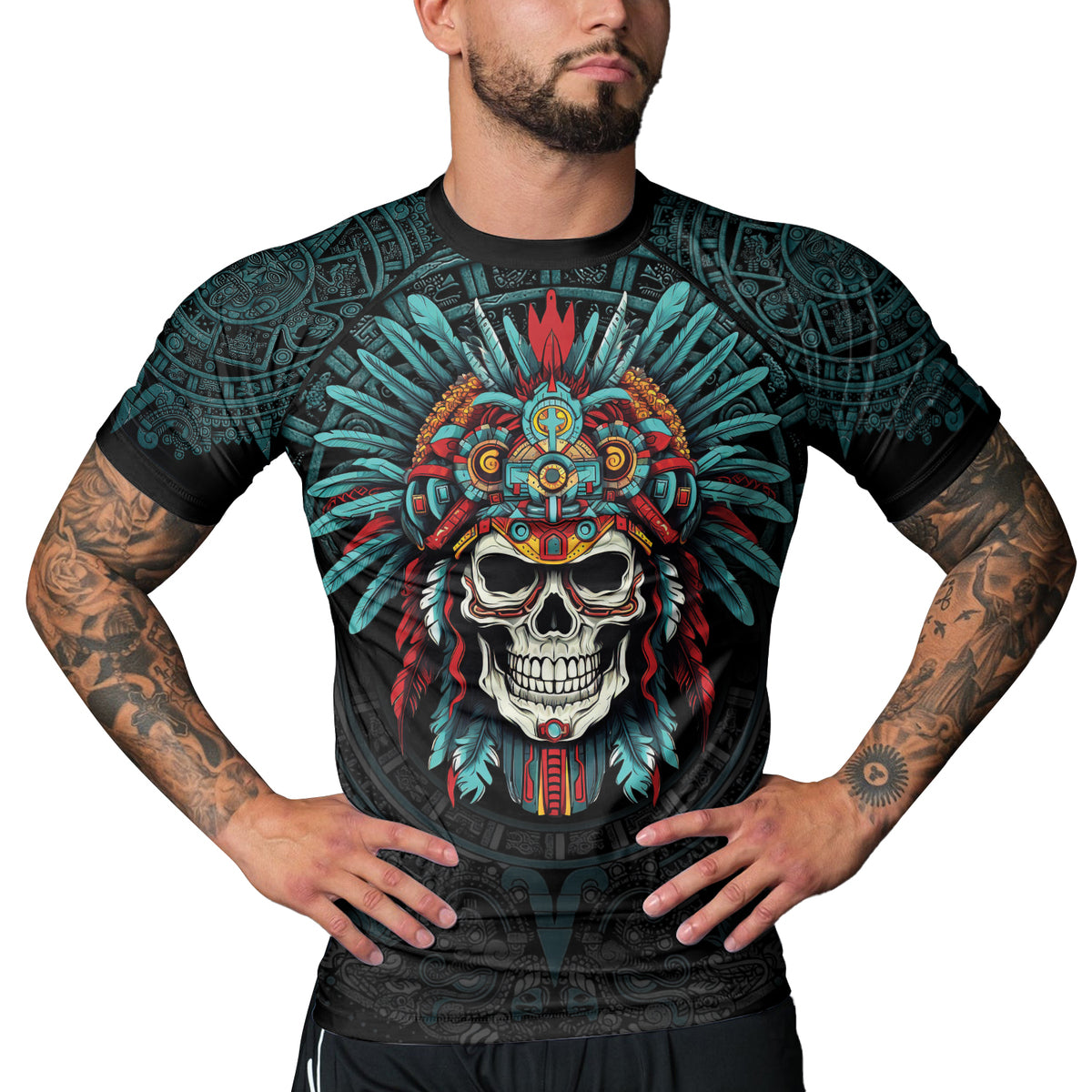 Rashninja Aztec Chief Cranium Men's Short Sleeve Rash Guard