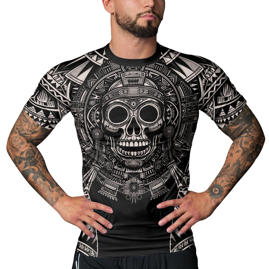 Rashninja Aztec Tribe Warrior Cranium Men's Short Sleeve Rash Guard